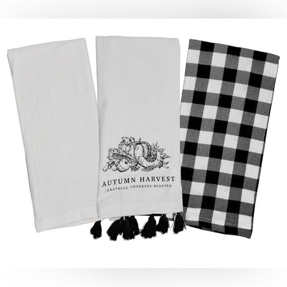 MRKT Autumn Harvest Black White Graphic Gingham Plaid Cotton Towel Gift Set - Picture 1 of 13